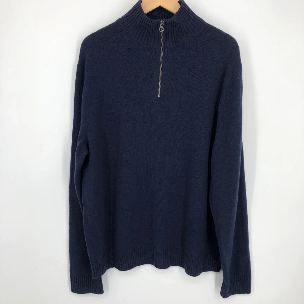 J Crew Mens Sweater Size XL Navy Blue Merino Wool Half Zip Rib Cuff Hem Pullover